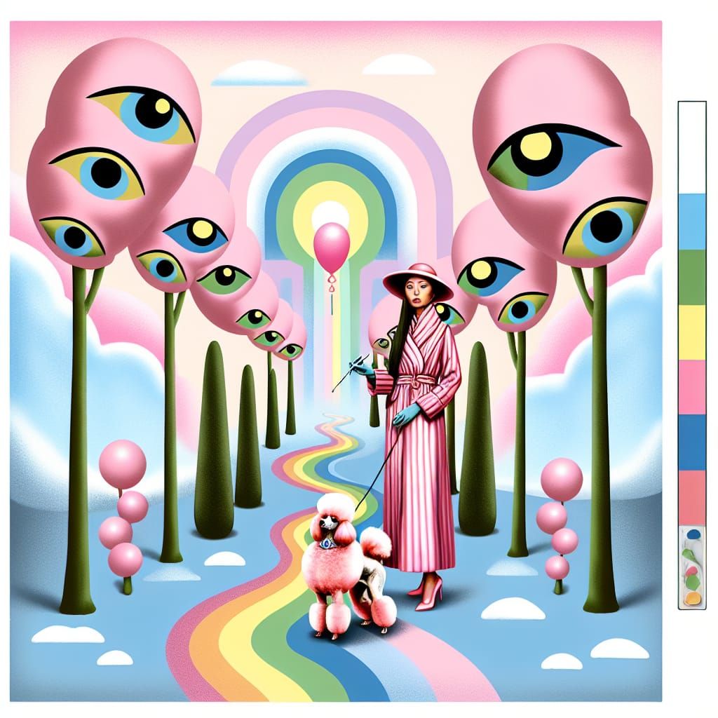 Dadaist Woman and Striped Poodle on Rainbow Path
