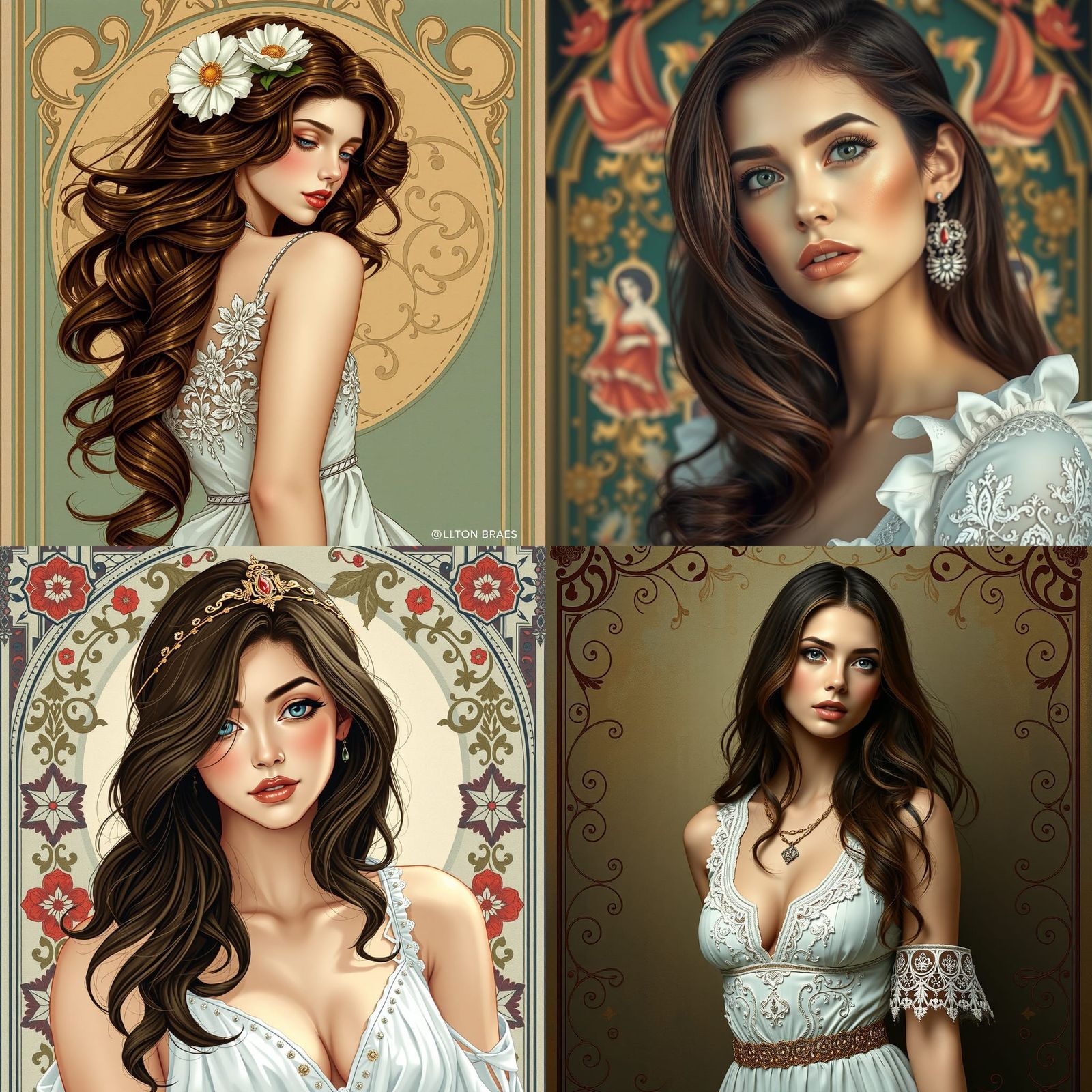 Art Nouveau Portrait of Woman in White Dress