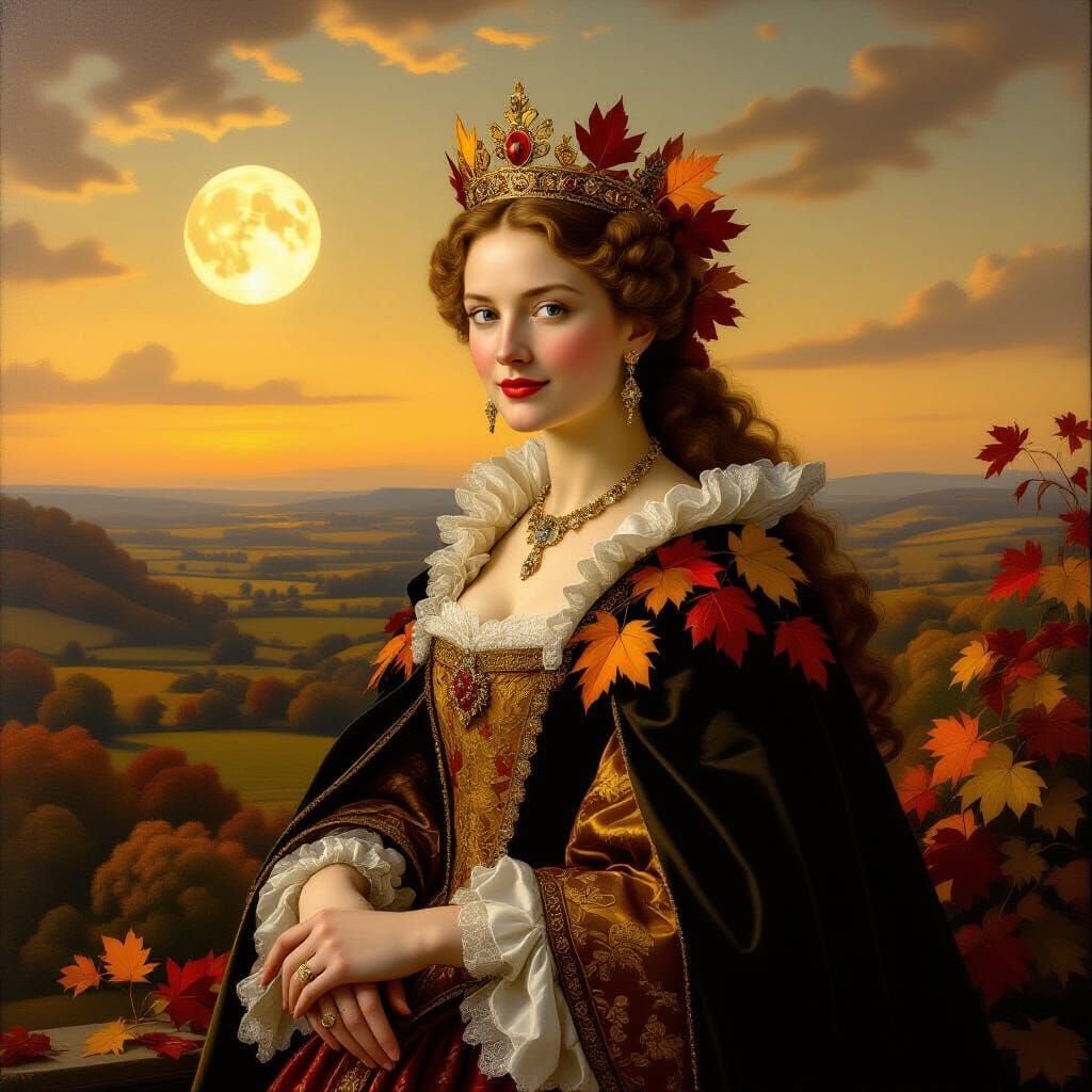 Regal Queen Overlooking Harvest Valley in Golden Light