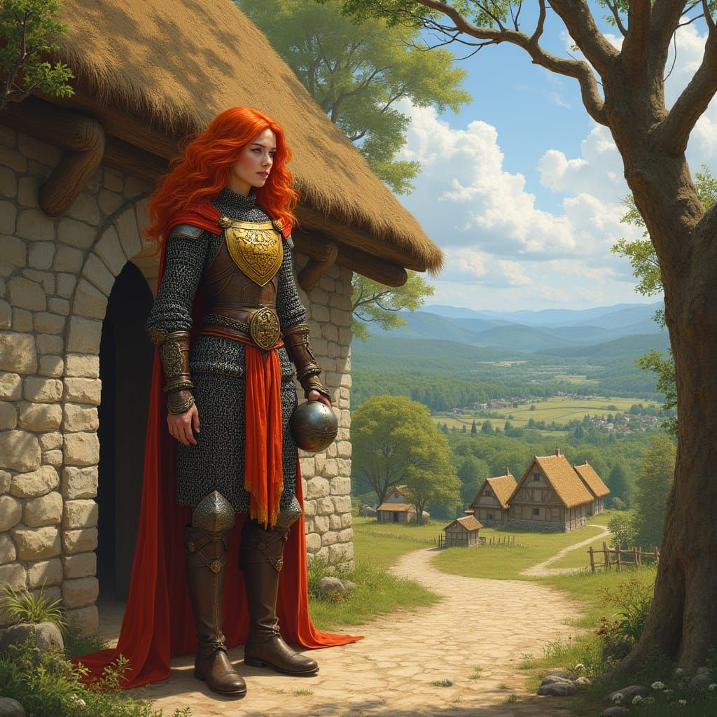 Fiery Redhead Warrior Outside Rustic Church in Chainmail Arm...