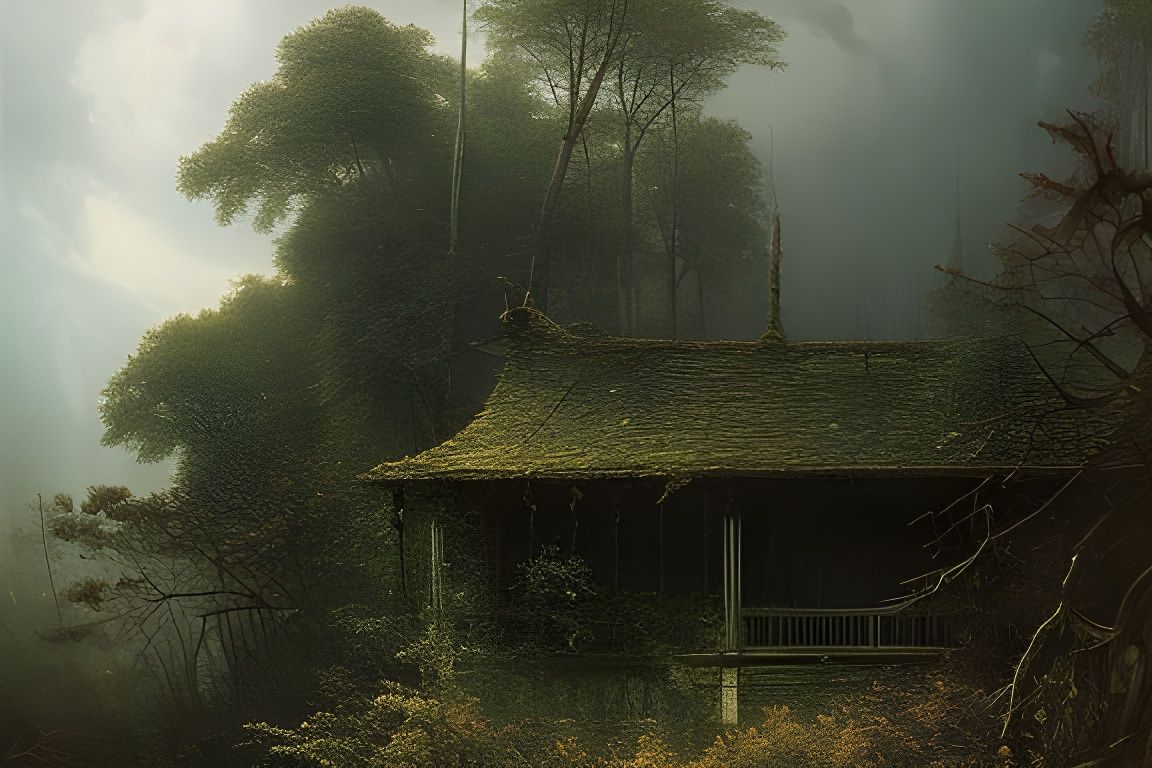Horror Forest: Overgrown House in Engraving Style
