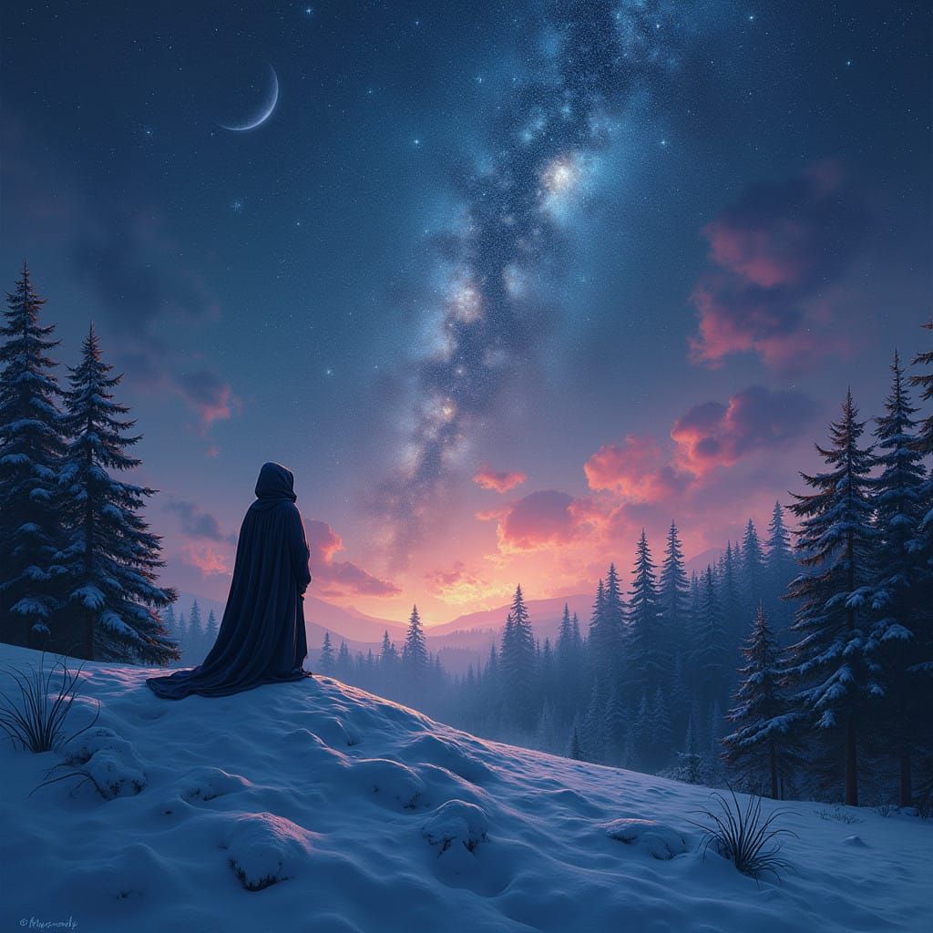 Resplendent Figure Basks in Starlight Amidst Winter Hills
