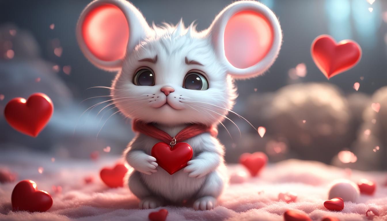 fluffy white baby chibi mouse,cat red hearts valentine pajamas costume ethereal fantasy hyperdetailed mist Thomas Kinkad...