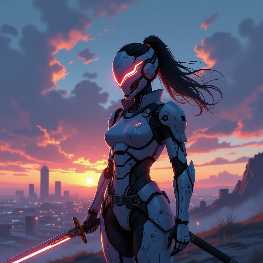 Anime Cyborg Swordswoman in Ruined City