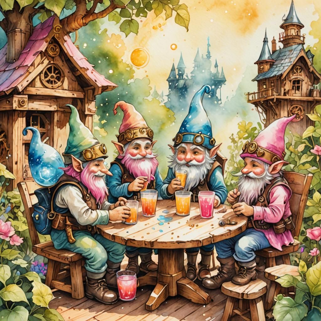 Steampunk Gnomes Enjoying Summer Stardust: Watercolor Illust...