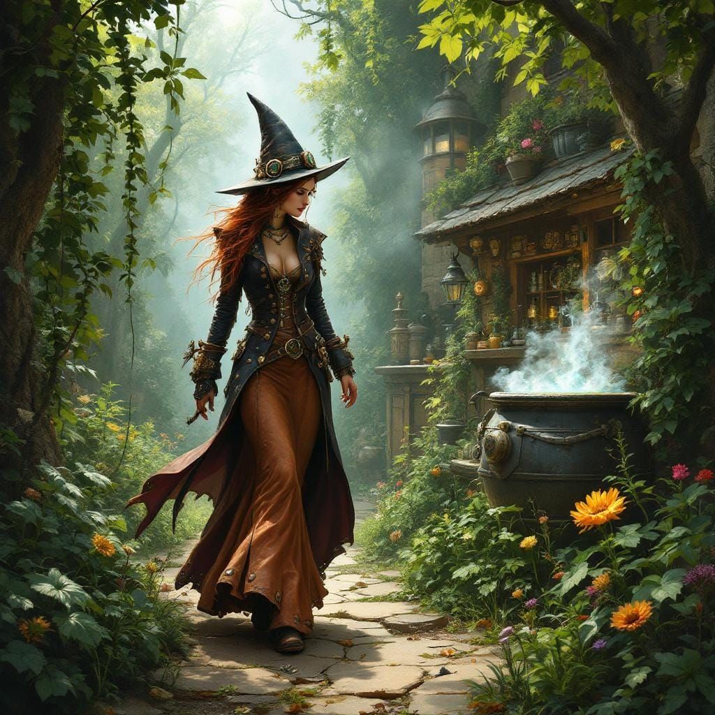 Steampunk Witch Gathering Herbs for a Bubbling Potion