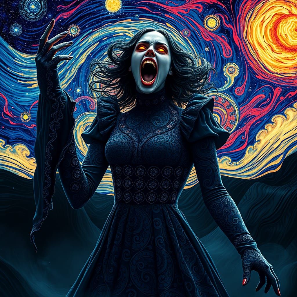 Scream Queen Enveloped in Cosmic Zentangle Fractals