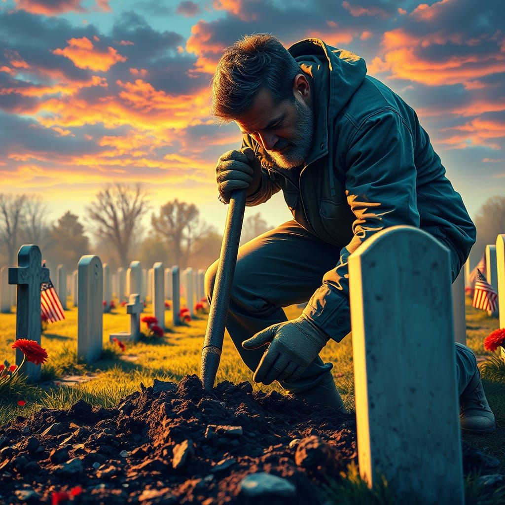 Grieving Soldier Digs Grave at National Monument