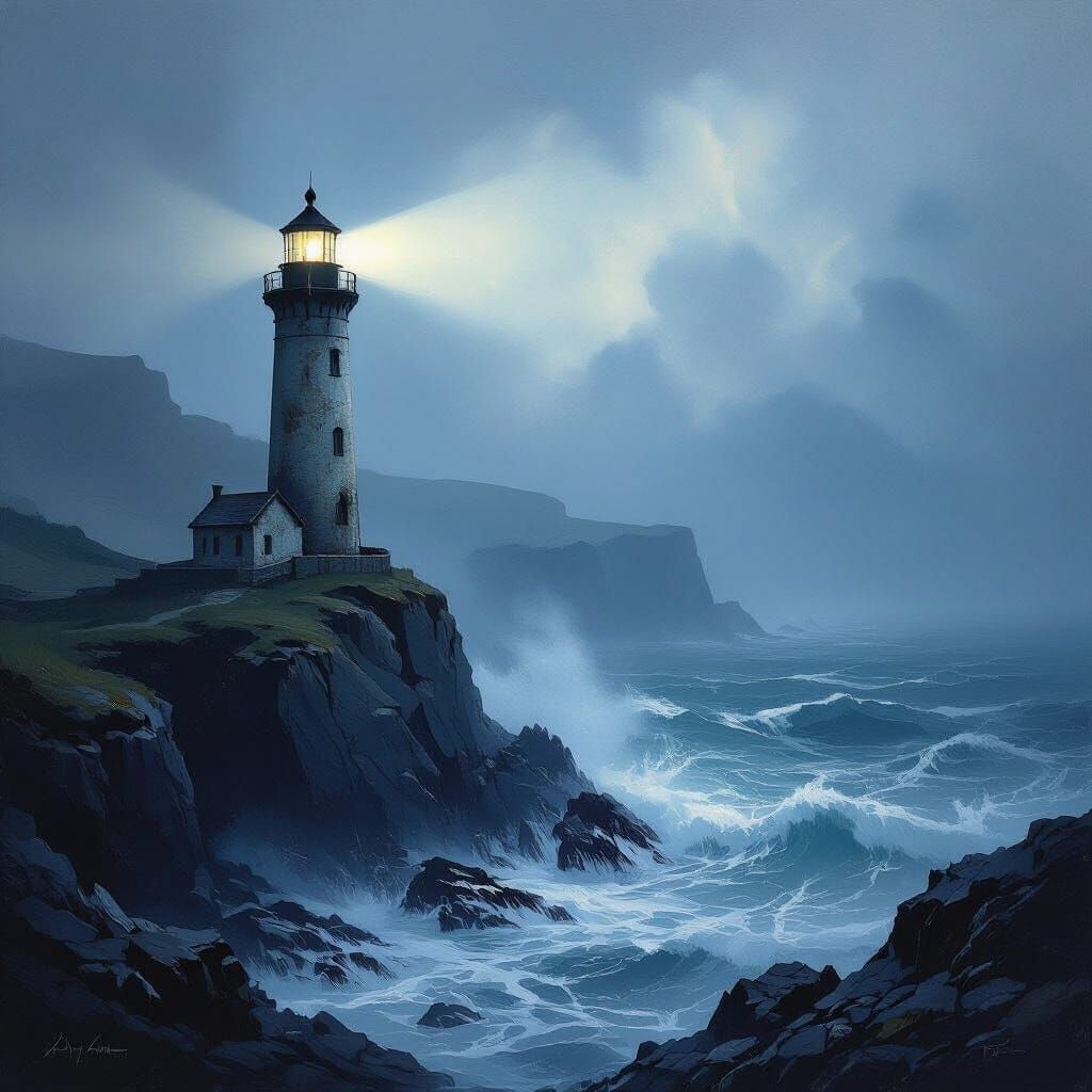 Weathered Lighthouse Battles Stormy Sea in Dramatic Oil Pain...