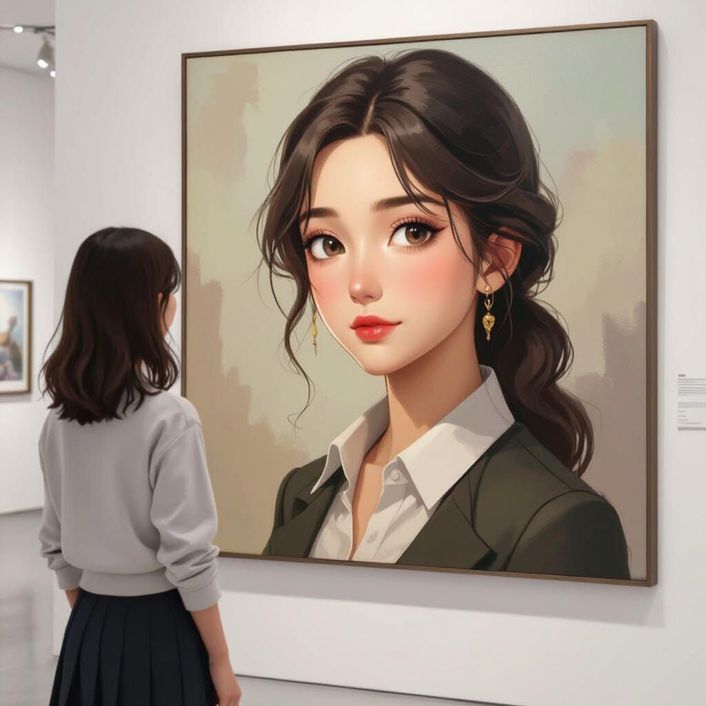 Girl Gazes at Her Portrait in Modern Art Gallery