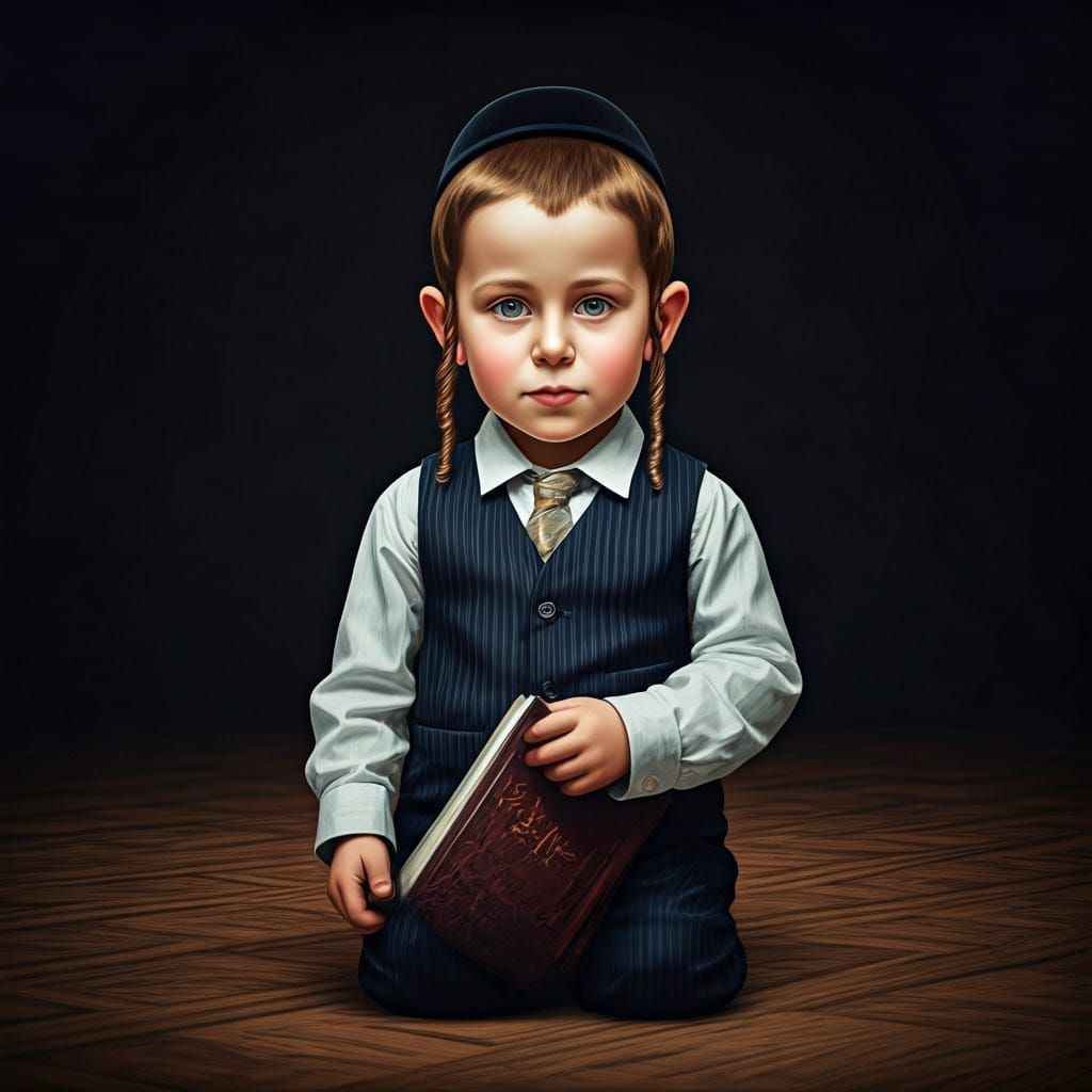 Vintage-Style Hasidic Boy Holding a Textbook
