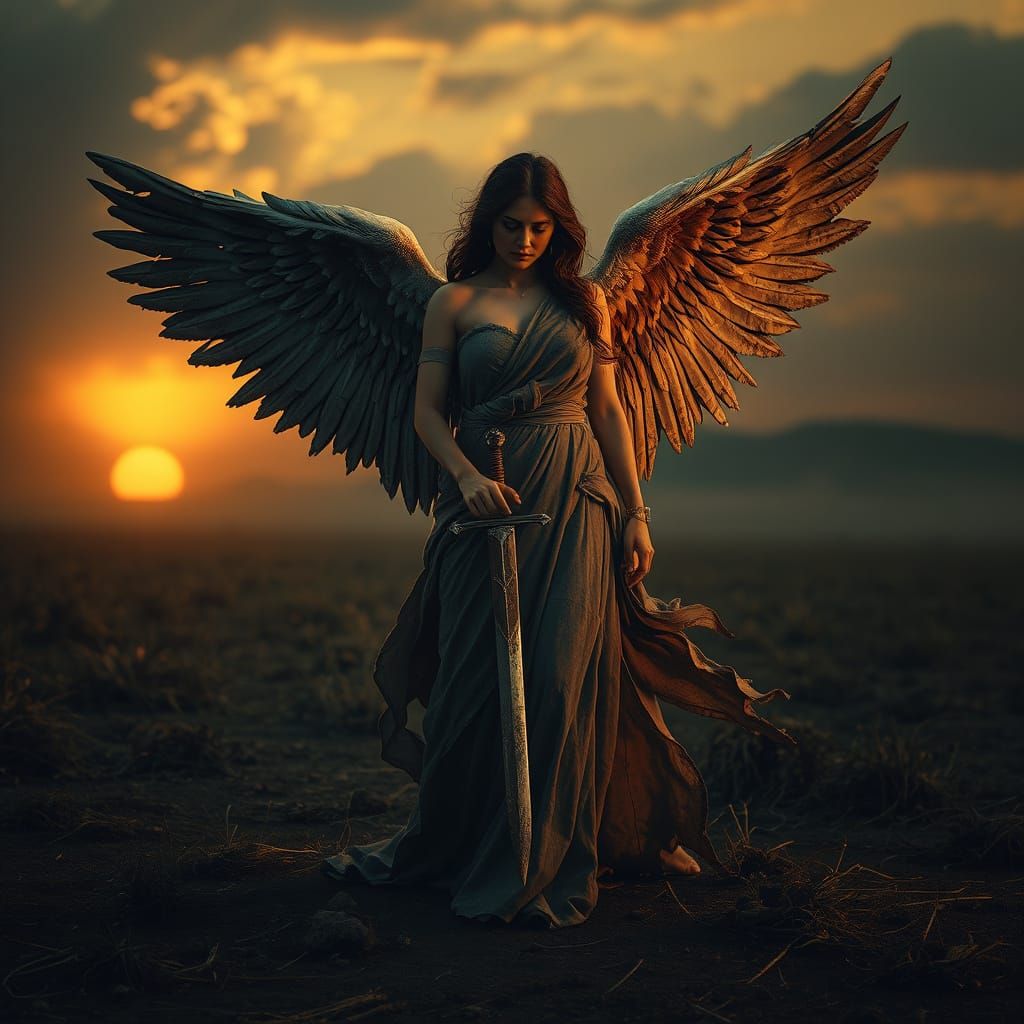 Weary Angel on Ancient Battlefield, Matte Painting Style
