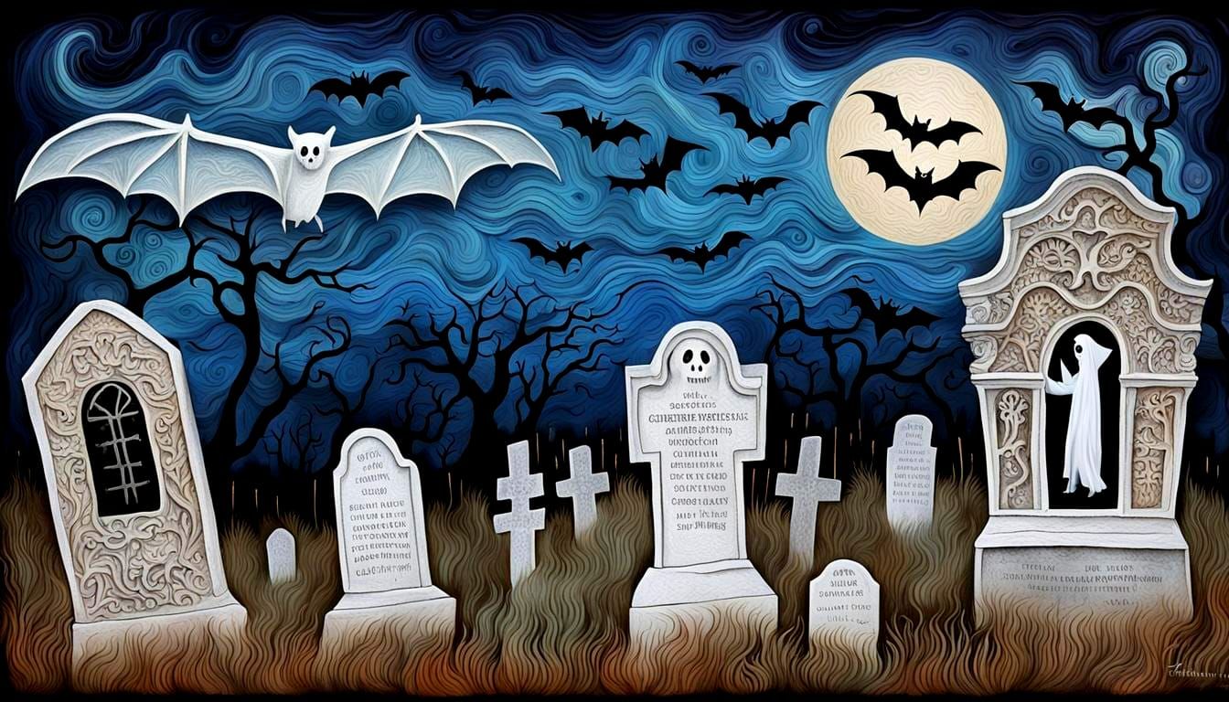 Psychedelic Ghost Portrait with Bats in Alebrije Style