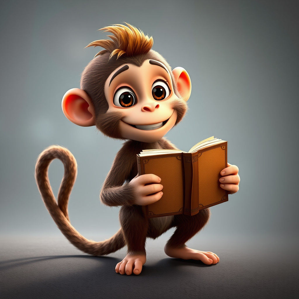 Whimsical Monkey Scholar in 3D Cartoon Pixar Style