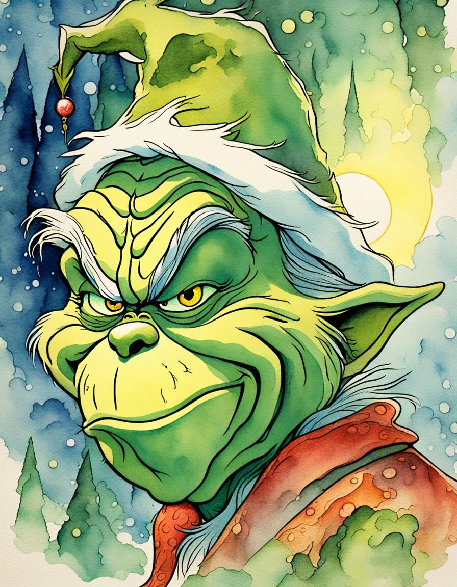 The Grinch's Dreamy Facial Expressions in Whimsical Watercol...