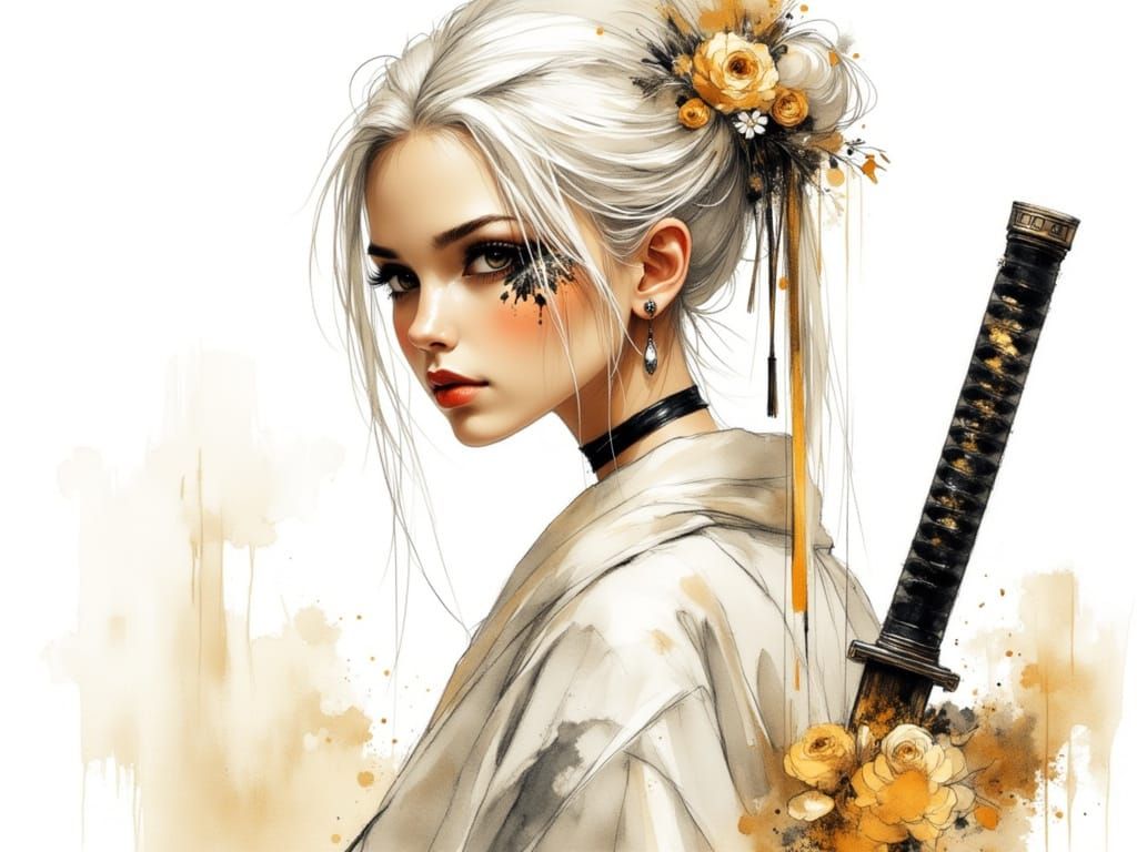 Anime Woman with Katana in Watercolor Style