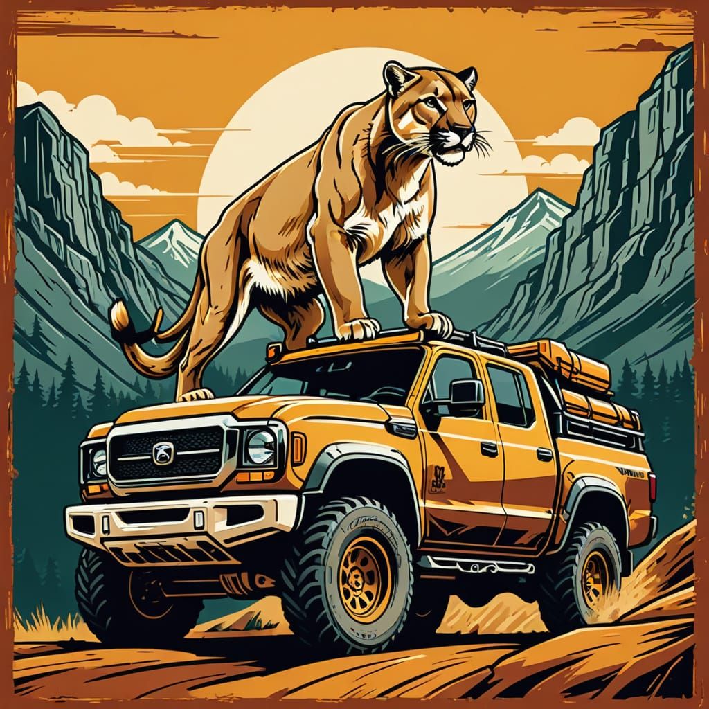 Mountain Lion on RC Truck: Woodcut Vector Art