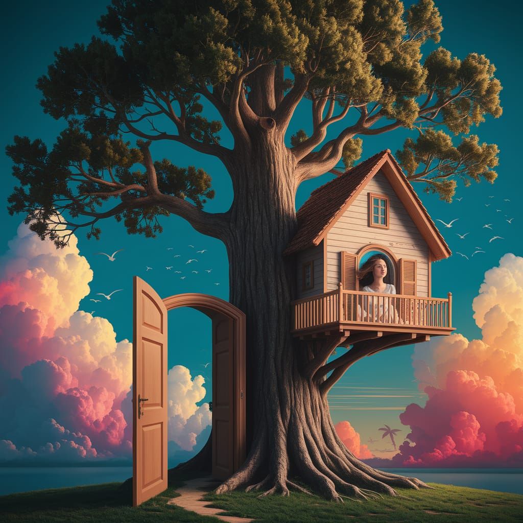 Surreal Magritte-Style Scene with Treehouse and Woman
