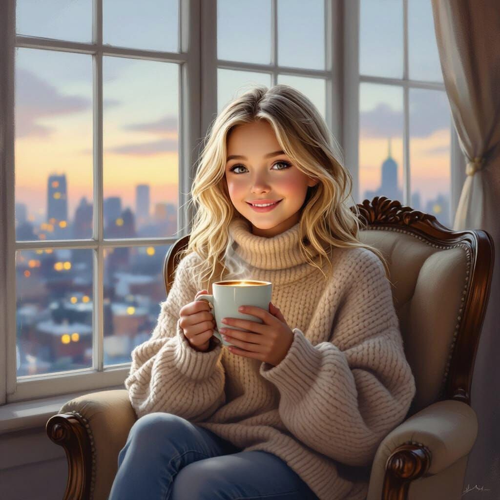 Pretty Blond Girl Enjoys Coffee by Window at Twilight