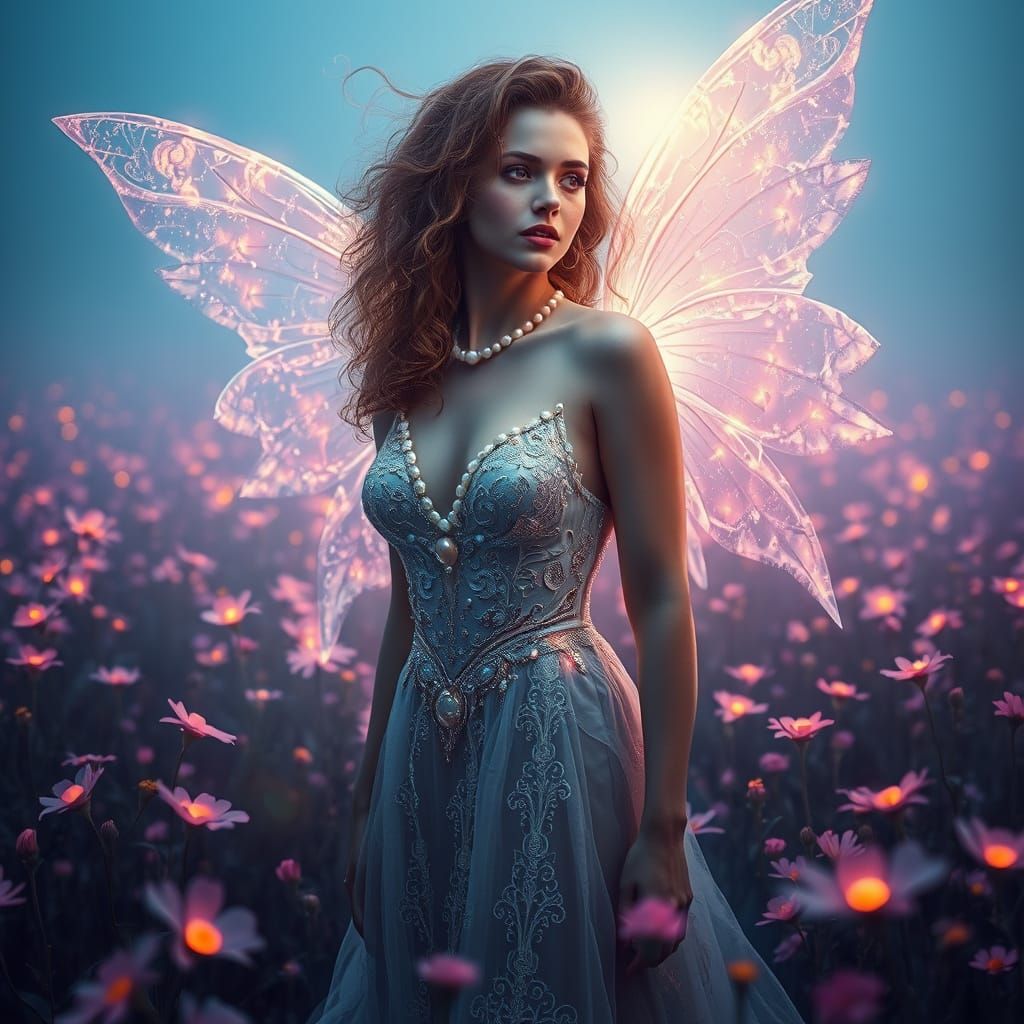 Ethereal Woman with Crystal Wings in Flower Field