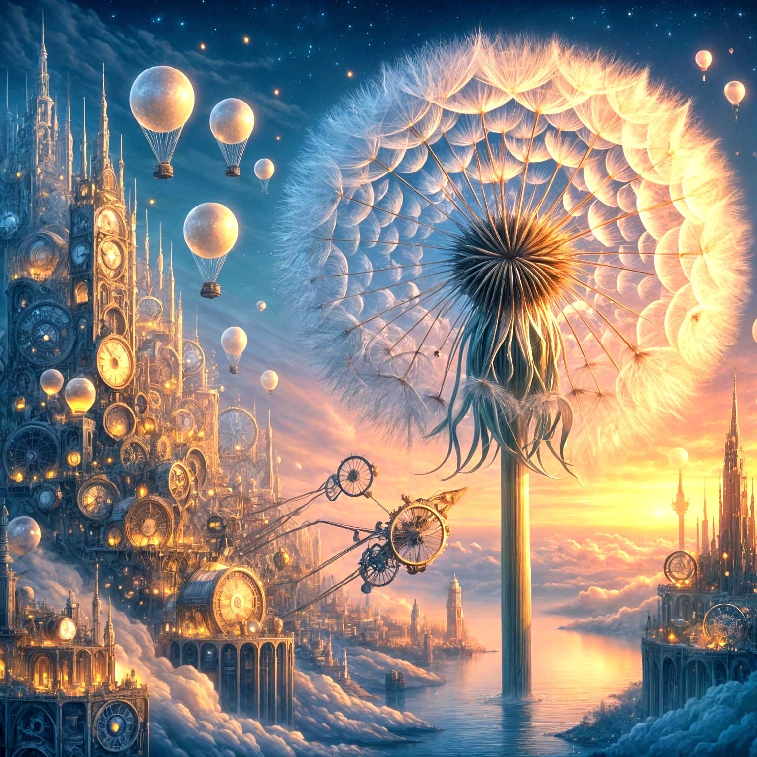 Giant Dandelion Seedhead with Clockwork City, Art Nouveau