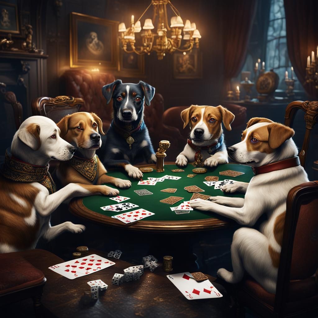 Dogs Playing Poker: Humorous Artstation Illustration