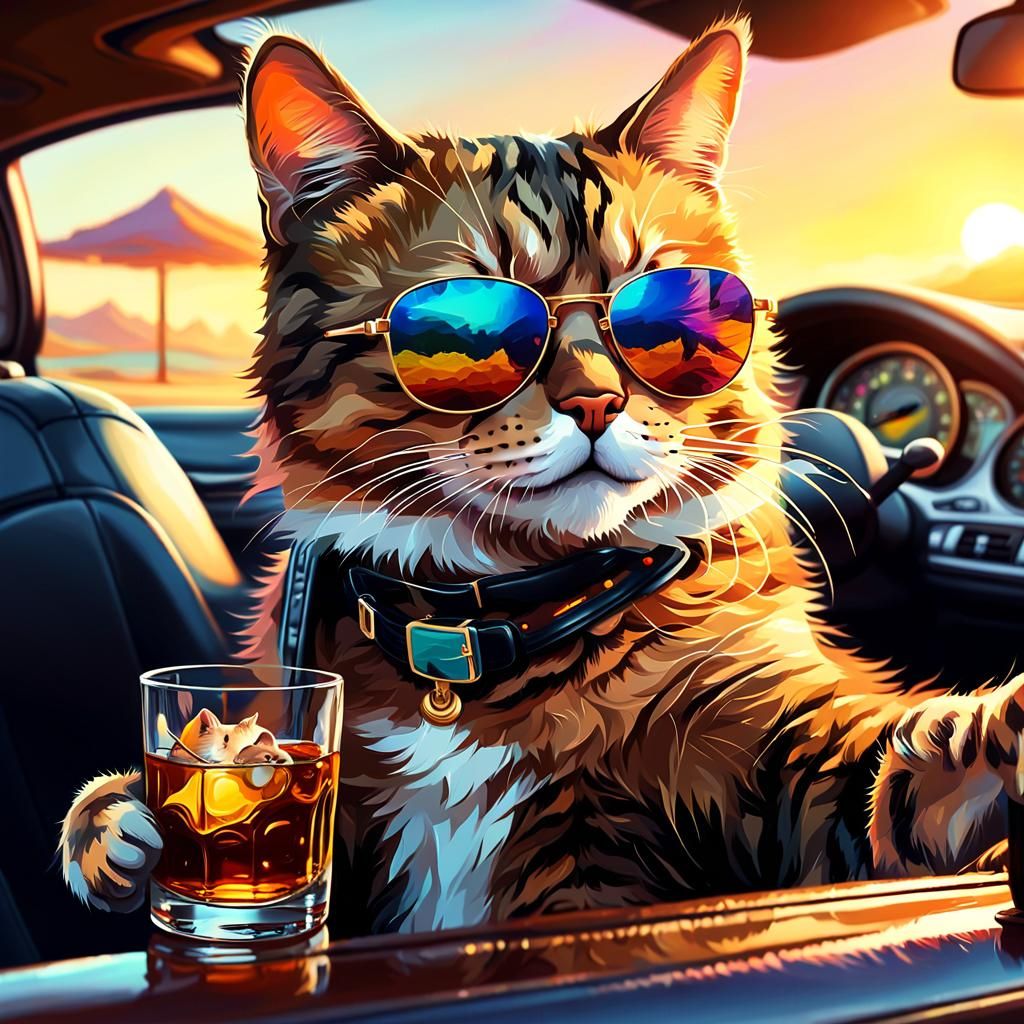 Cat Driver with Whiskey: Digital Oil Painting