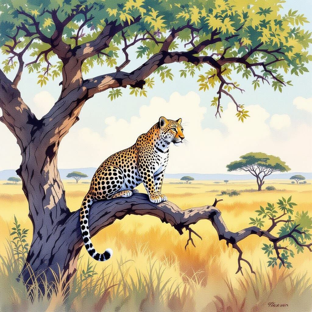 Leopard on Acacia Tree in Serengeti Watercolor