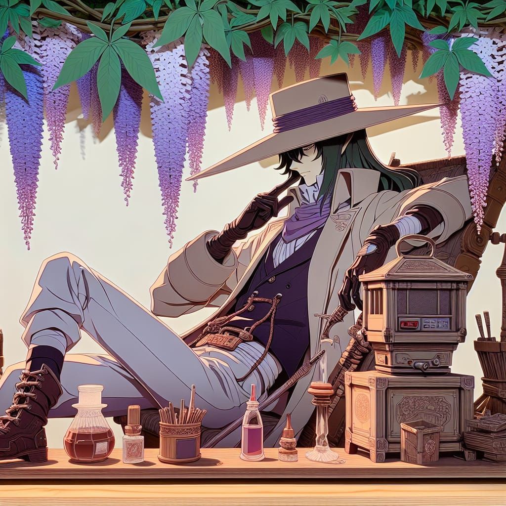 Elegant Vampire Hunter in Whimsical Garden Scene