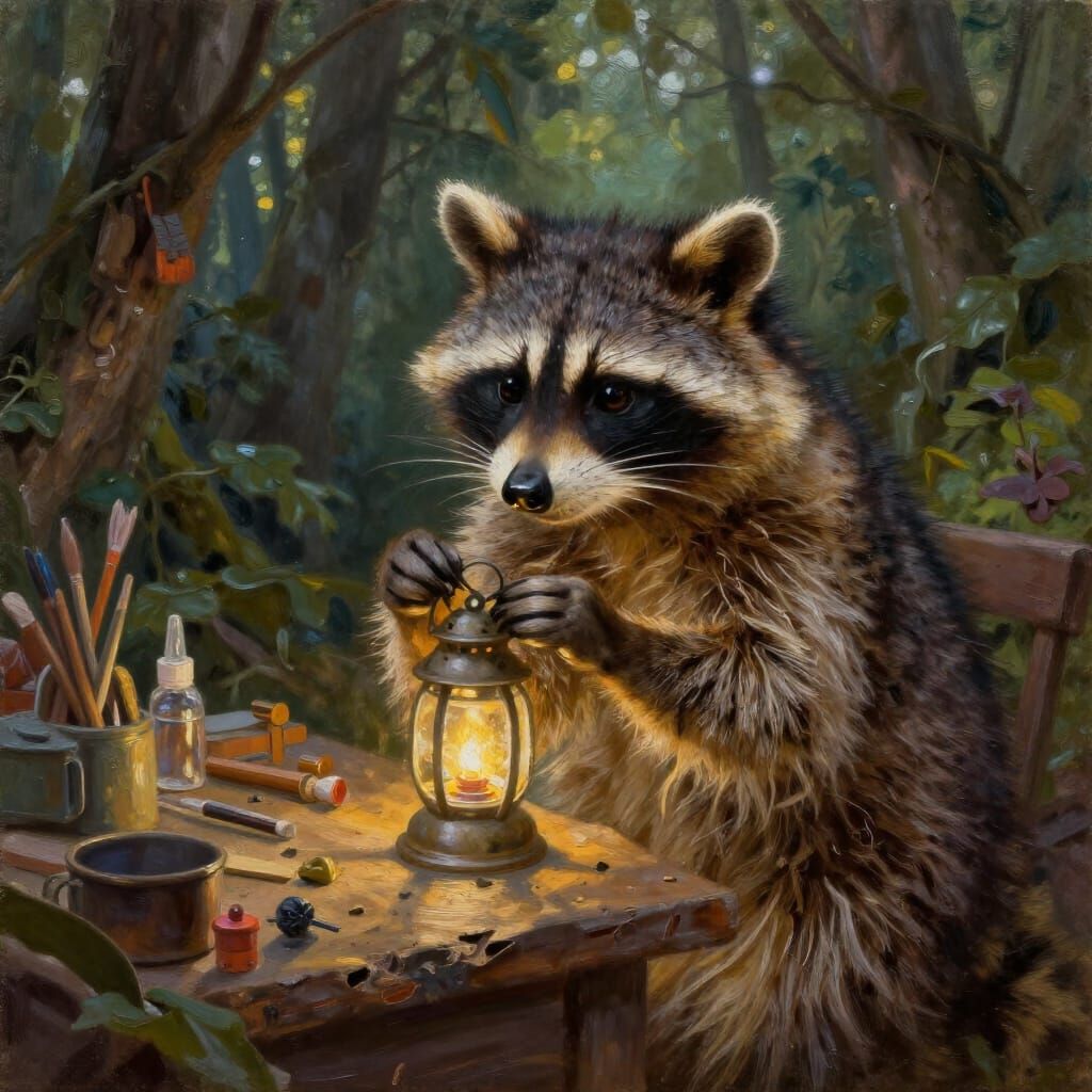 Raccoon Crafts Lanterns in Forest Workshop Oil Painting
