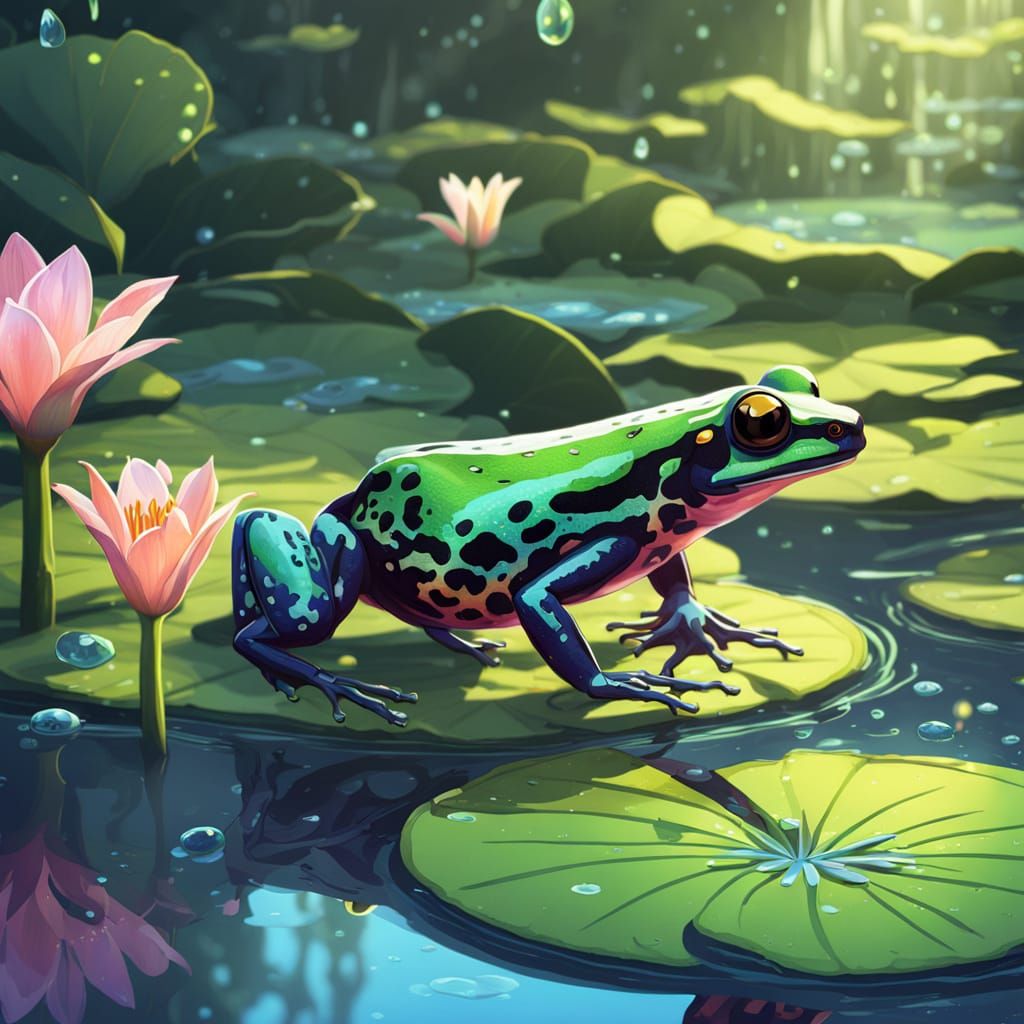 Poison Arrow Frog Leaping Lily Pond - Vibrant Digital Painti...