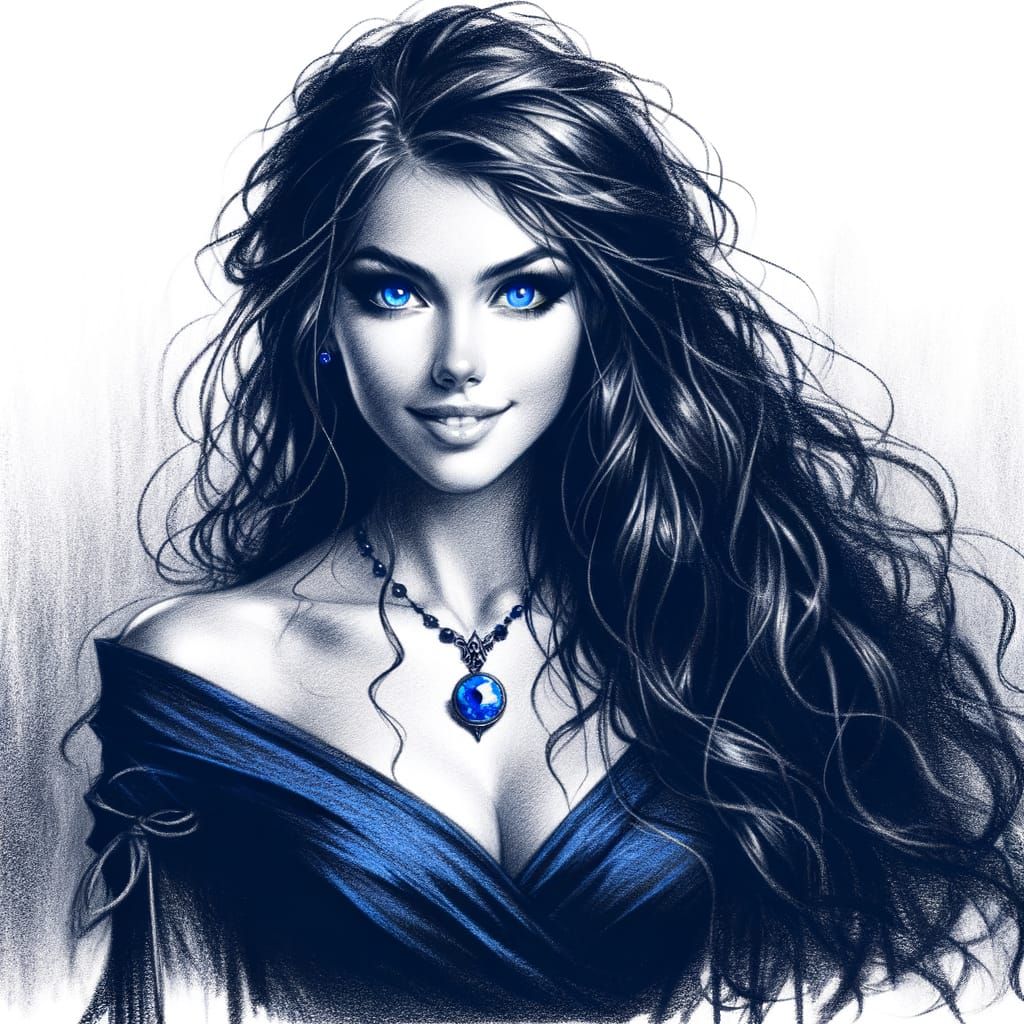 Norse Goddess with Sapphire Pendant in Charcoal Style