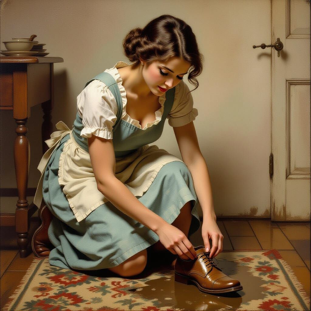 Woman Cleaning Shoes in Wyeth-Inspired Realism