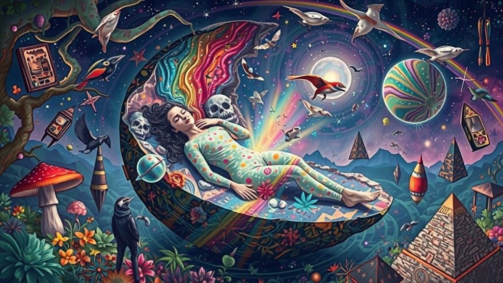 Surreal Geode Dreamscape with Aura and Rainbows