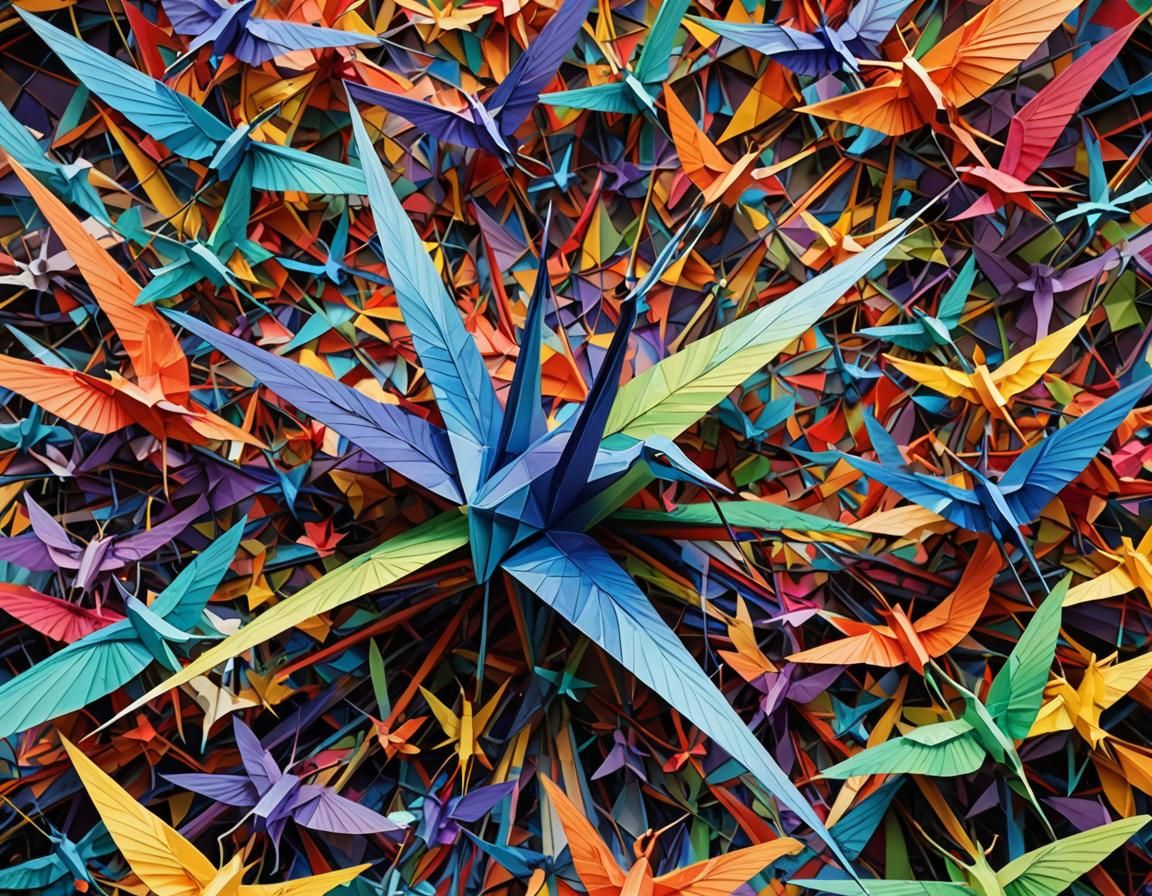 Fractal Origami Crane Dreamscape in Rainbow Colors