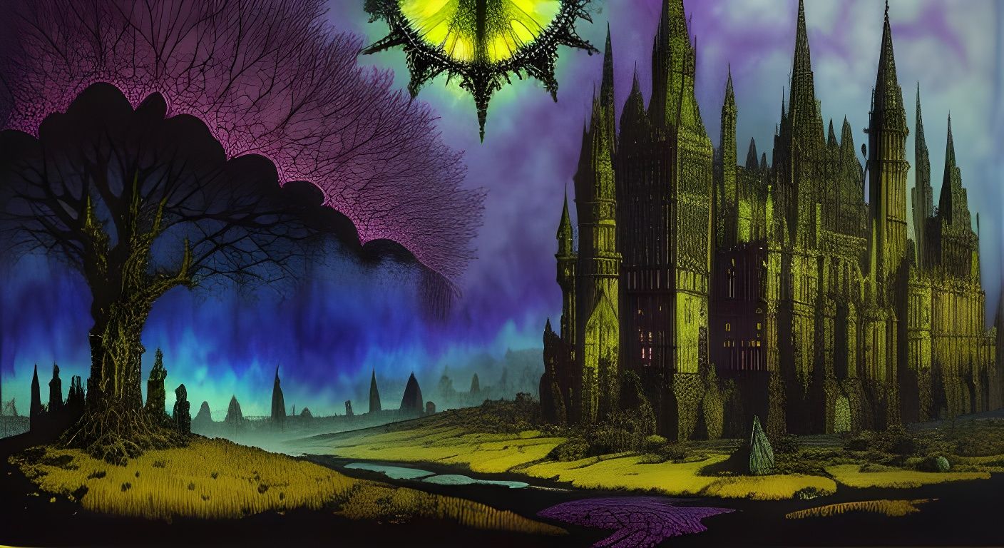 Expansive Gothic Landscape with Stipple Shading