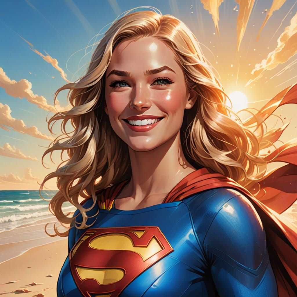 DC Comics-Inspired Supergirl in Vibrant Beach Scene