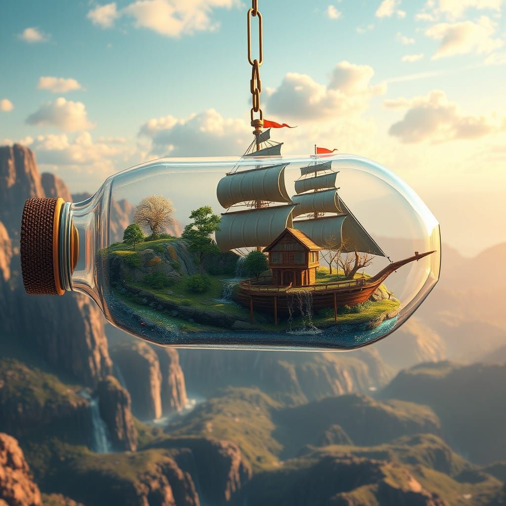 Glass Bottle Ship in Dreamlike Landscape