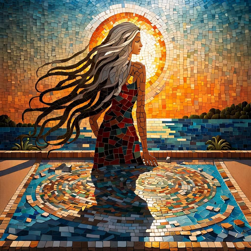 Vibrant Mosaic Art Depicting Women with Long Hair and Sunset