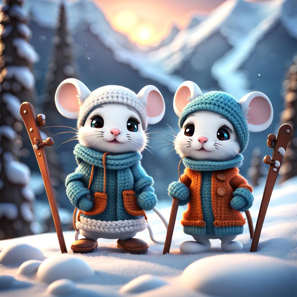 Sad Chibi Mice Skiing in Snowy Mountains