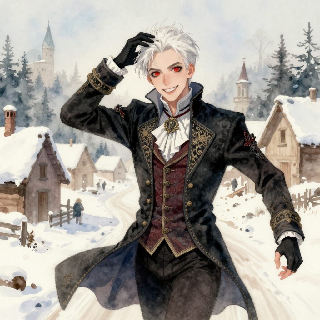 Gothic Man in Winter Village Watercolor Painting