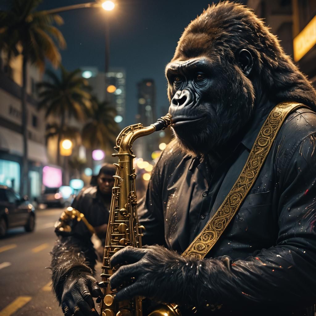 Gorilla Plays Saxophone in Miami Neon Nightlife
