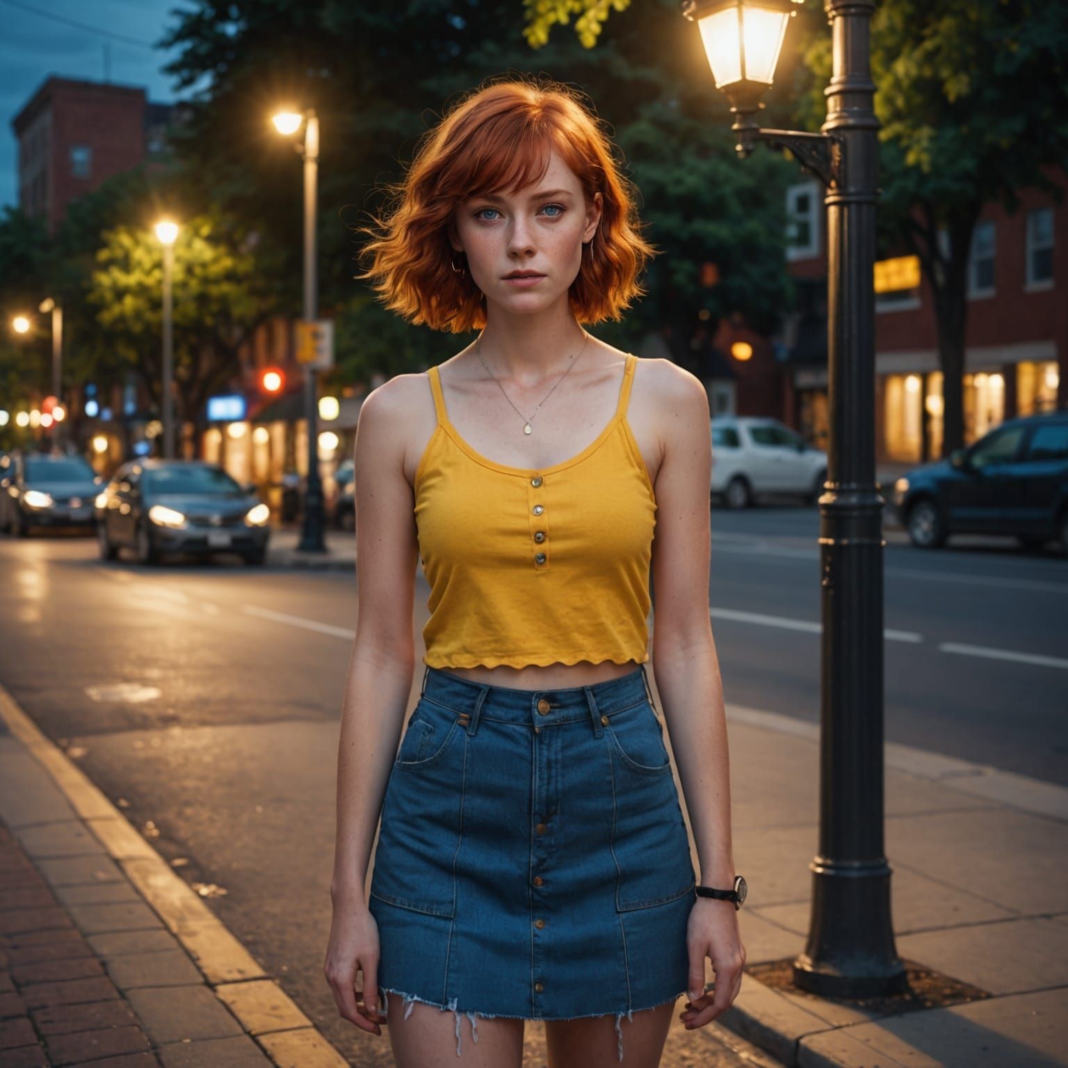 Red Haired Woman Under Street Lamp at Night