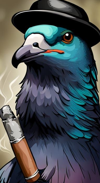Depressed pigeon with a cigar