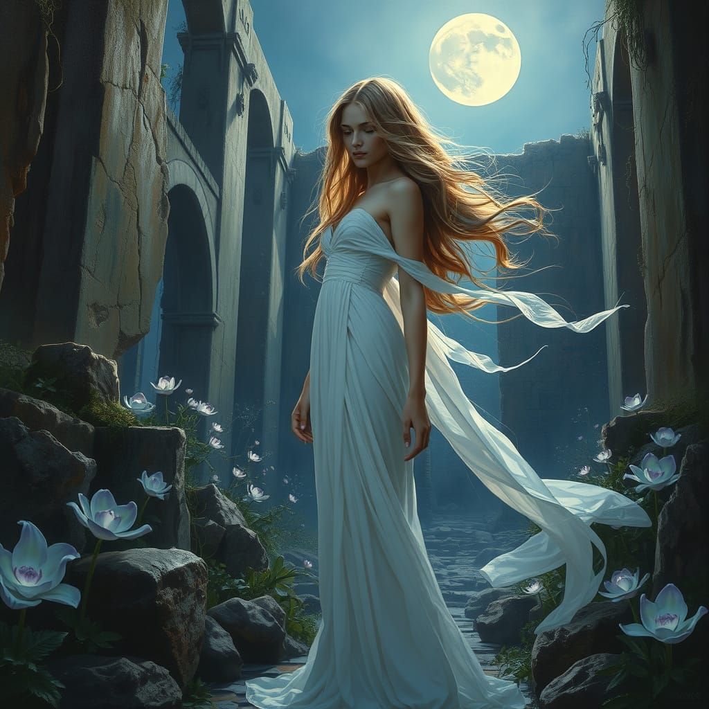 Serene Goddess in Moonlit Ruins with Bioluminescent Flora