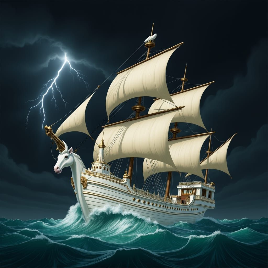 Unicorn Ship Amidst Stormy Seas