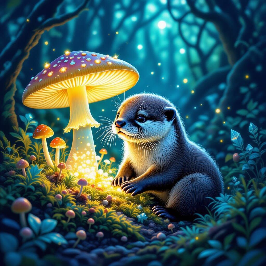 Bioluminescent Otter Pup in Alien Forest: Digital Illustrati...