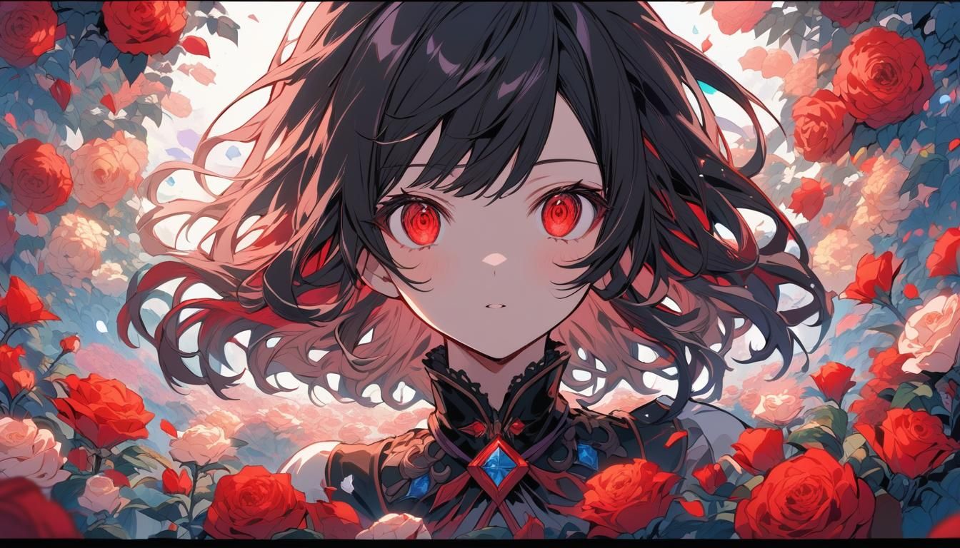 Anime Girl's Crimson Eyes Surrounded by Roses