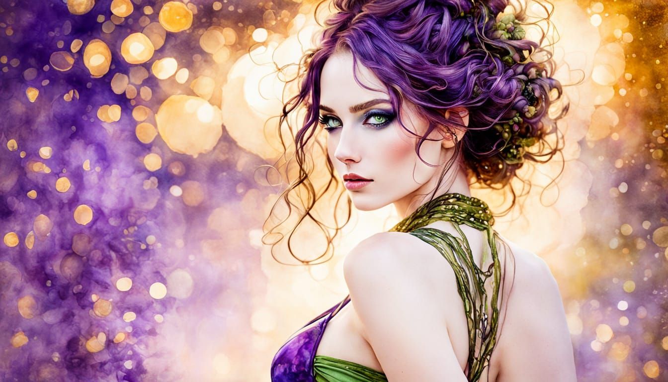 Svelte Goddess in Purple Bikini, Inspired by Klimt and Royo