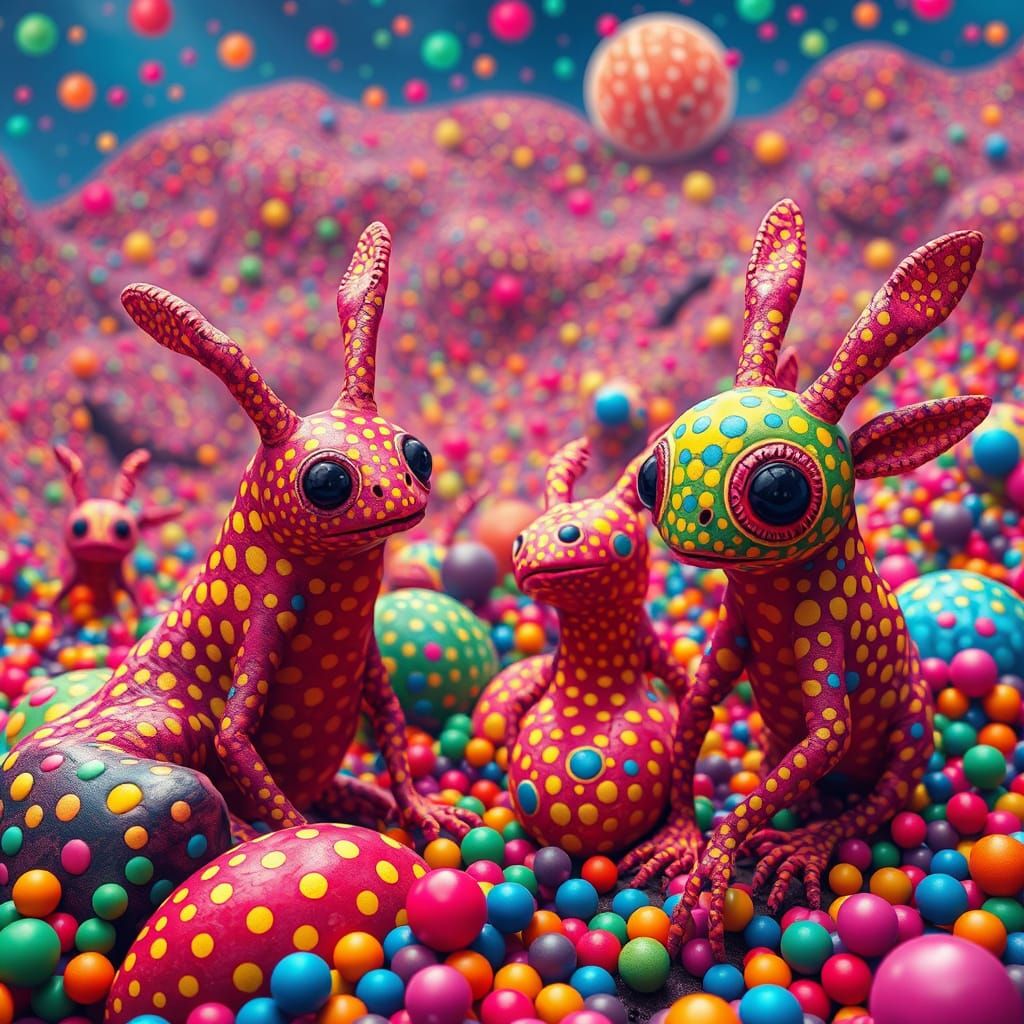 Psychedelic Polka-Dotted Creatures in a Vibrant Landscape